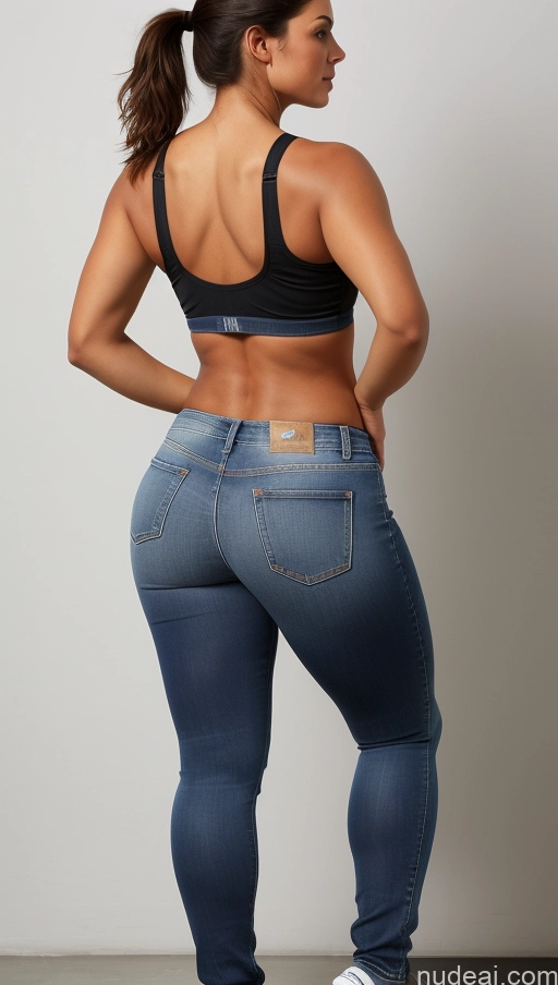 ai nude image of arafed woman in a black bra top and jeans standing in a room pics of Athlete Big Ass Big Hips Jeans Back View