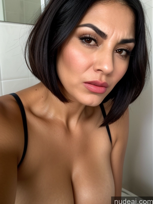 ai nude image of arafed woman with a very big breast posing in a bathroom pics of Bending Over Close-up View Busty Tanned Skin Serious Sad Shocked Sexy Face Seductive 30s Black Hair Bobcut Jewish Bathroom Angry Laughing Milf Pouting Lips