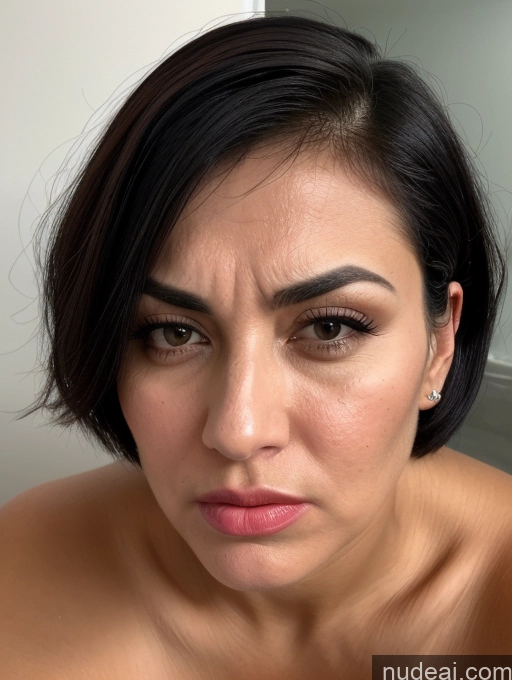 ai nude image of there is a woman with a very large breast looking at the camera pics of Bending Over Close-up View Busty Tanned Skin Serious Sad Shocked Sexy Face Seductive 30s Black Hair Bobcut Jewish Bathroom Angry Laughing Milf Pouting Lips