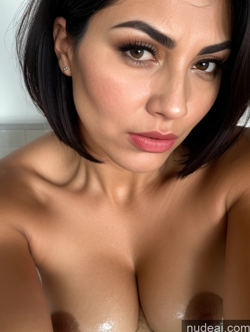 ai nude image of arafed woman with a very big breast posing for a picture pics of Bending Over Close-up View Busty Tanned Skin Serious Sad Shocked Sexy Face Seductive 30s Black Hair Bobcut Jewish Bathroom Angry Laughing Milf Pouting Lips