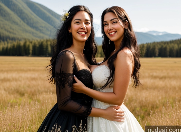 ai nude image of two women in black dresses standing in a field with mountains in the background pics of Chubby Thick Long Legs Tall Big Hips Sexy Face Laughing Meadow Detailed Big Ass Black Hair Latina Happy 30s Woman Long Hair Busty Perfect Body Goth Gals V2