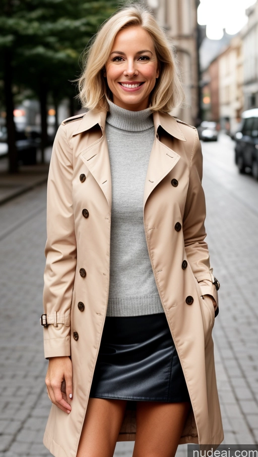 ai nude image of arafed woman in a trench coat and a turtleneck sweater pics of Woman One Small Tits Skinny Perfect Body 50s Front View Street High Heels Trench Coat Detailed Happy Blonde Bobcut Mini Skirt