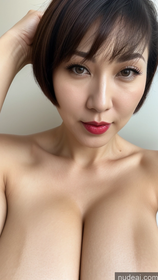 ai nude image of arafed asian woman with big breast posing for a picture pics of Woman One Huge Boobs Lipstick Beautiful Fairer Skin 40s Short Hair Korean Close-up View Detailed Simple Dress