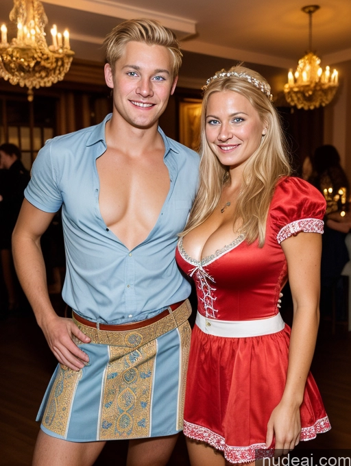 ai nude image of blond woman in red dress and man in blue shirt posing for a picture pics of Scandinavian Busty Woman + Man Perfect Body Skinny Short 18 Happy Sexy Face Party Dirndl Medieval Mini Skirt Cleavage Detailed Bright Lighting Film Photo