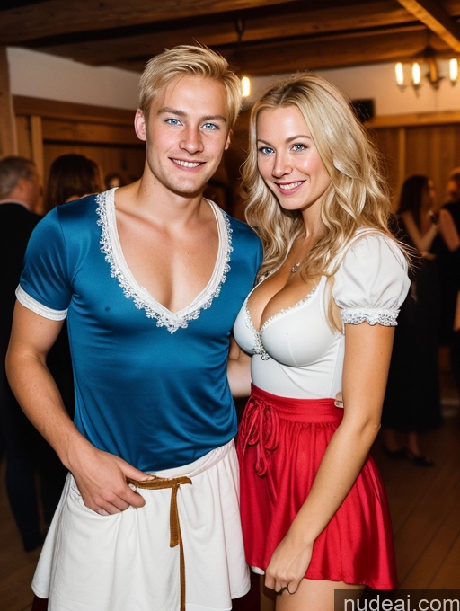 ai nude image of blond haired woman in blue shirt and red skirt standing next to a man in white shirt pics of Scandinavian Busty Woman + Man Perfect Body Skinny Short 18 Happy Sexy Face Party Dirndl Medieval Mini Skirt Cleavage Detailed Bright Lighting Film Photo