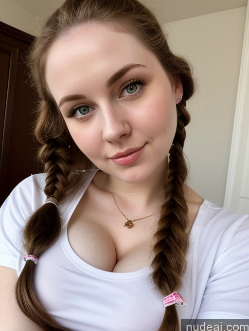 ai nude image of arafed woman with a braid in a white shirt posing for a picture pics of Busty Perfect Boobs Beautiful Fairer Skin Thick 18 Brunette Pigtails Russian Close-up View Shirt