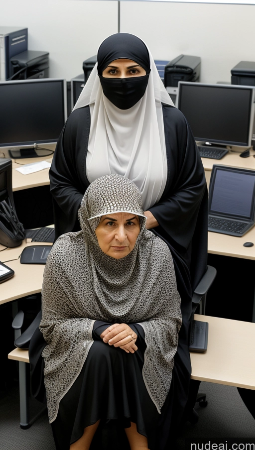 ai nude image of there are two women sitting at a desk with computers in the background pics of Milf Serious Turkish Long Hair Office Front View Spreading Legs Niqab Two