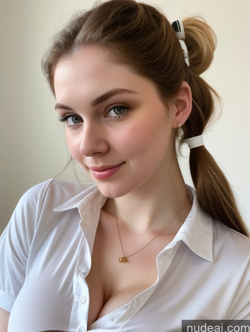 ai nude image of there is a woman with a white shirt and a gold necklace pics of Busty Perfect Boobs Beautiful Fairer Skin Thick 18 Brunette Pigtails Russian Close-up View Shirt