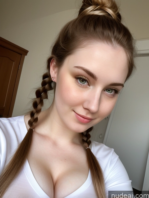 ai nude image of arafed woman with a messy bun with a white shirt pics of Busty Perfect Boobs Beautiful Fairer Skin Thick 18 Brunette Pigtails Russian Close-up View Shirt