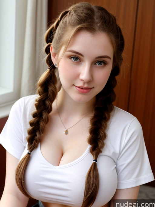 ai nude image of there is a woman with long hair and a white shirt pics of Busty Perfect Boobs Beautiful Fairer Skin Thick 18 Brunette Pigtails Russian Close-up View Shirt