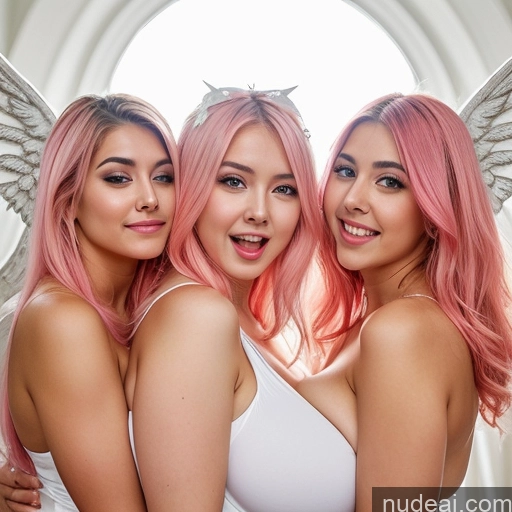 ai nude image of three women with pink hair and angel wings posing for a picture pics of 18 Happy Long Hair British Pink Hair Huge Boobs Angel Ahegao Orgasm Seductive Shocked Sexy Face Big Ass Big Hips Skinny Beautiful