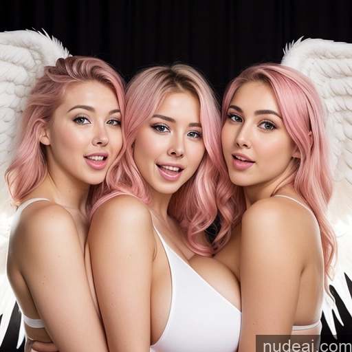 ai nude image of three women with pink hair and angel wings posing for a picture pics of 18 Happy Long Hair British Pink Hair Huge Boobs Angel Ahegao Orgasm Seductive Shocked Sexy Face Big Ass Big Hips Skinny Beautiful