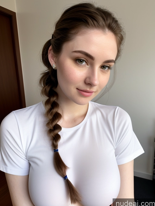 ai nude image of arafed woman with a braid in a white shirt pics of Busty Perfect Boobs Beautiful Thick Fairer Skin 18 Brunette Pigtails Russian Close-up View Shirt Skin Detail (beta)