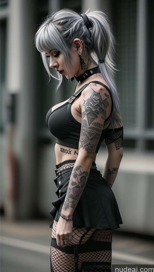 ai nude image of there is a woman with tattoos on her arms and a skirt pics of Busty Perfect Boobs Beautiful Tattoos Muscular Perfect Body Fairer Skin 20s Purple Hair Ponytail Choker Crop Top Fishnet Micro Skirt Gothic Punk Girl