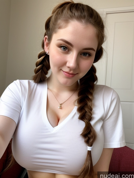 ai nude image of arafed woman with a white shirt and braid hair posing for a picture pics of Busty Perfect Boobs Beautiful Thick Fairer Skin 18 Brunette Pigtails Russian Close-up View Shirt Detailed