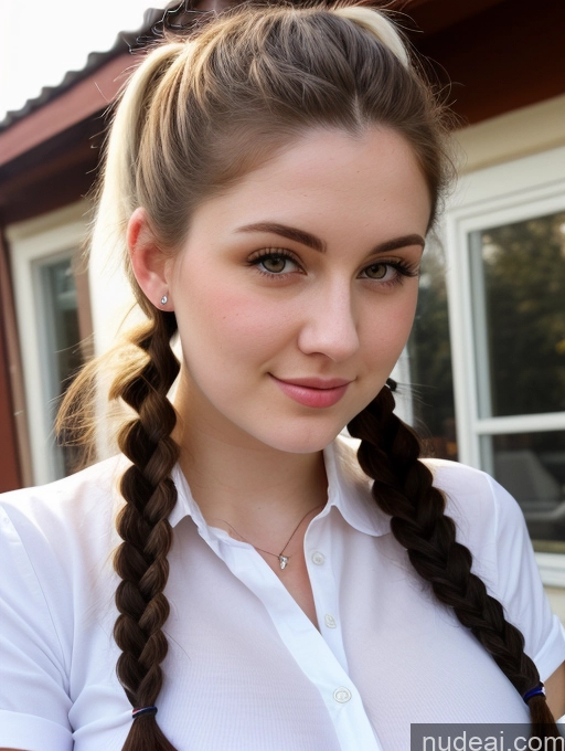 ai nude image of arafed woman with long braids in a white shirt pics of Busty Perfect Boobs Beautiful Thick Fairer Skin 18 Brunette Pigtails Russian Close-up View Shirt Detailed