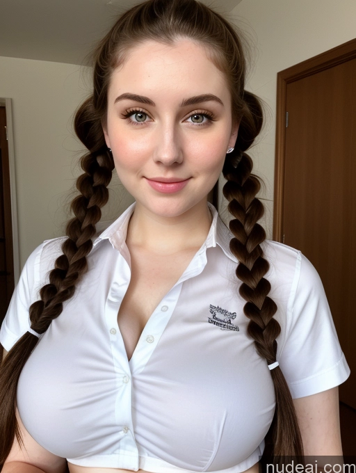 ai nude image of arafed woman with long hair in a white shirt and braids pics of Busty Perfect Boobs Beautiful Thick Fairer Skin 18 Brunette Pigtails Russian Close-up View Shirt Detailed