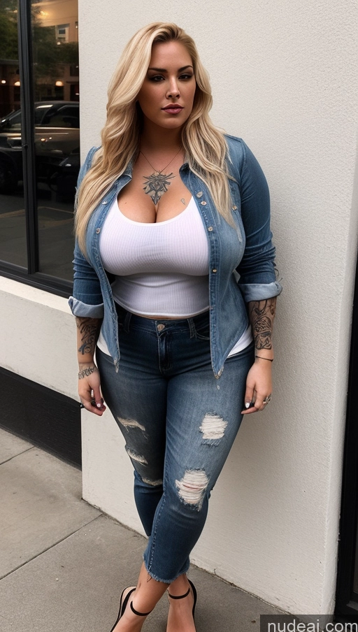 ai nude image of araffed woman with tattoos and a white top standing in front of a building pics of Woman One Chubby Perfect Boobs Big Ass Tattoos 20s Sexy Face Long Hair Blonde White Front View Casual