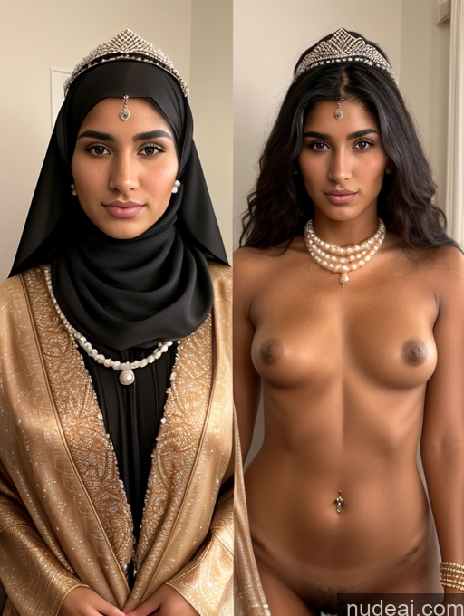 ai nude image of two women in traditional clothing posing naked and naked pics of Miss Universe Model Perfect Body Tanned Skin 18 Serious Black Hair Messy Oasis Spreading Legs Pubic Hair Traditional Jewelry Detailed Onoff Scarf Egyptian Pearl Jewelry Diamond Jewelry Niqab