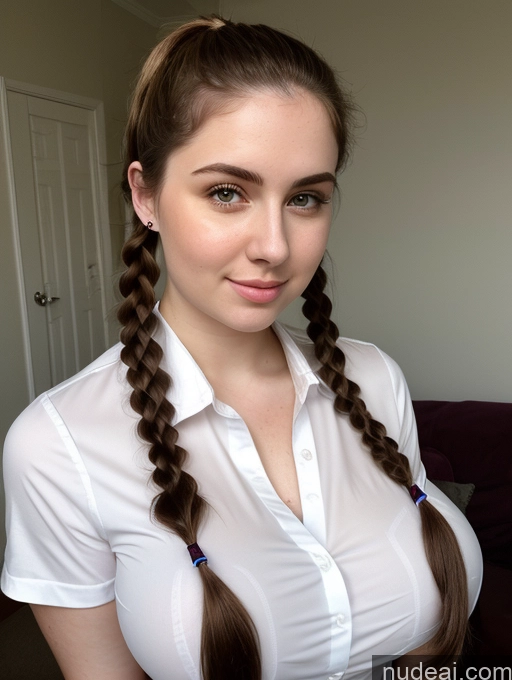 ai nude image of arafed woman with long hair in a white shirt and braids pics of Woman 18 Brunette Pigtails Slicked Busty Perfect Boobs Thick Beautiful Fairer Skin Russian Shirt