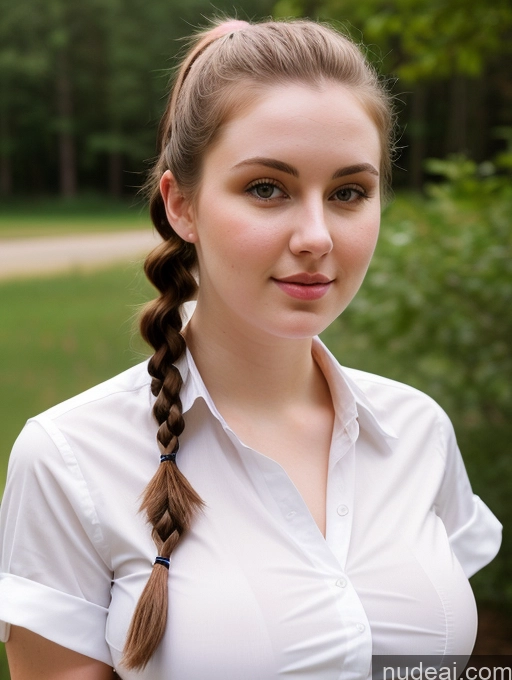 ai nude image of there is a woman with a braid in her hair posing for a picture pics of Woman Busty Perfect Boobs Beautiful Thick Fairer Skin 18 Brunette Pigtails Slicked Russian Shirt