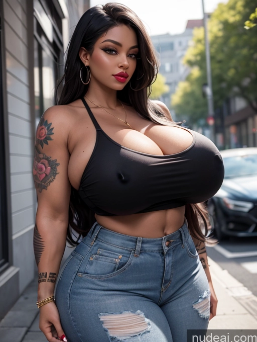 ai nude image of a close up of a woman with a big breast posing for a picture pics of Busty Huge Boobs Jewelry Thick Big Hips Tattoos Muscular Skinny Abs Big Ass Long Hair Black Lipstick Beautiful Stylish Casual