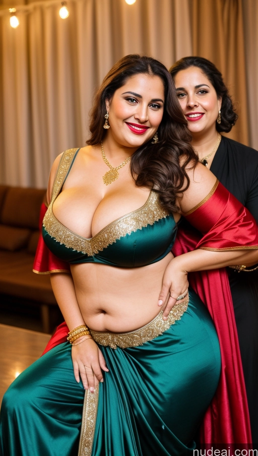 ai nude image of sexy indian woman in green sari posing with her friend pics of Milf Busty Beautiful Lipstick Chubby Thick Big Hips Fat 20s Happy Seductive Brunette Long Hair Russian Party Front View Straddling Sari Blouse Nun Victorian Cleavage Gold Jewelry