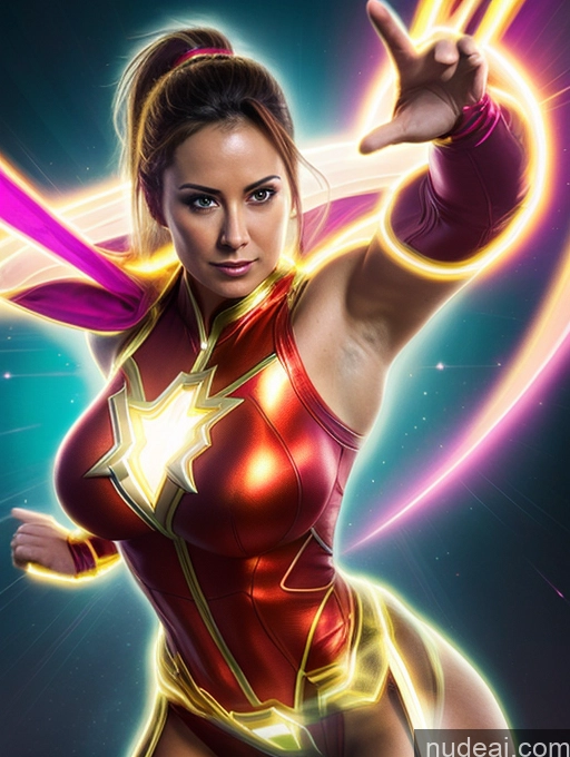 related ai porn images free for Busty Muscular Cosplay Superhero Science Fiction Style Neon Lights Clothes: Yellow Powering Up Heat Vision Dynamic View Mary Thunderbolt Transparent Ponytail