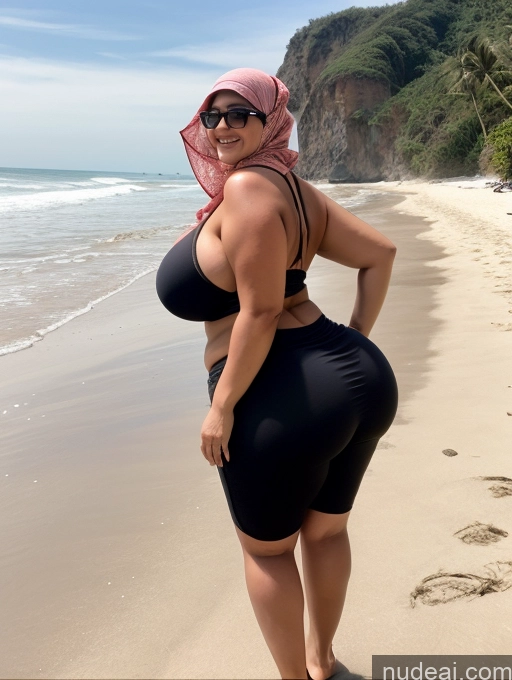 ai nude image of araffe woman in a black bikini and a pink head scarf on a beach pics of One Big Ass Chubby 40s Seductive Black Hair Messy Indonesian Beach Front View Bending Over Milf Happy Casual Blouse Niqab Huge Boobs