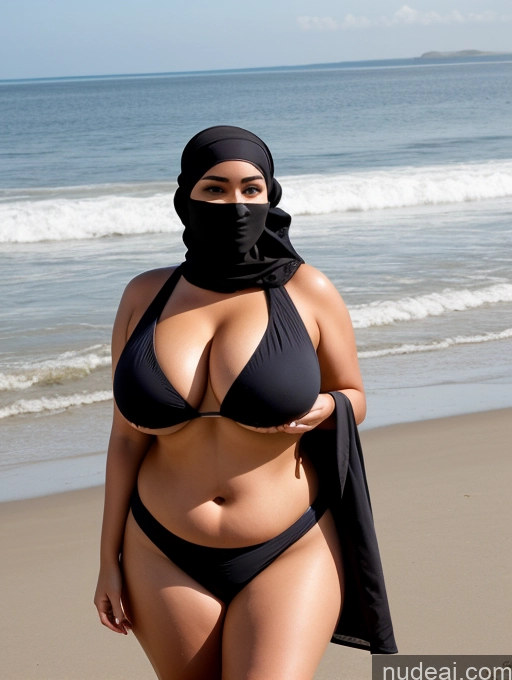 ai nude image of woman in black bikini and black scarf on beach near ocean pics of One Big Ass Chubby 40s Seductive Black Hair Messy Indonesian Beach Front View Bending Over Happy Niqab Big Hips Woman Huge Boobs Perfect Boobs Casual Jeans