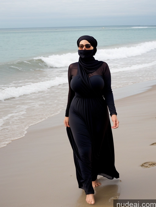 ai nude image of woman in black dress walking on beach with ocean in background pics of One Big Ass Chubby 40s Seductive Black Hair Messy Indonesian Beach Front View Bending Over Happy Niqab Perfect Boobs Casual Jeans Dress Milf Big Hips