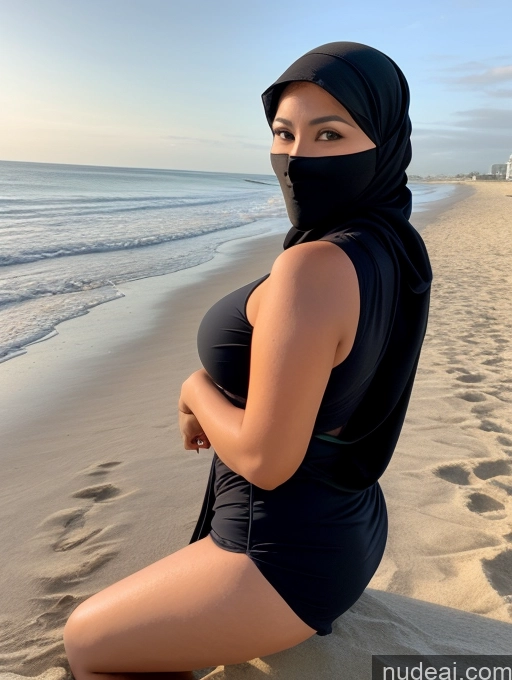 ai nude image of arafed woman in a black swimsuit and a black mask sitting on the beach pics of One Big Ass Chubby 40s Seductive Black Hair Messy Indonesian Beach Front View Bending Over Happy Niqab Perfect Boobs Casual Jeans Dress Milf Big Hips