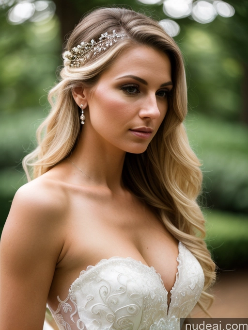 ai nude image of a close up of a woman wearing a wedding dress and a tiable pics of Woman One Small Tits Beautiful Skinny Long Hair 20s Serious Blonde White Soft + Warm Wedding Cleavage Dark Lighting Detailed Side View