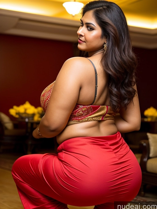 ai nude image of araffe woman in red pants and a bra top posing for a picture pics of Several Busty Huge Boobs Perfect Boobs Big Ass Big Hips Long Legs Tall Perfect Body Thick Chubby Fat Sari Indian Squatting Back View Blouse Party