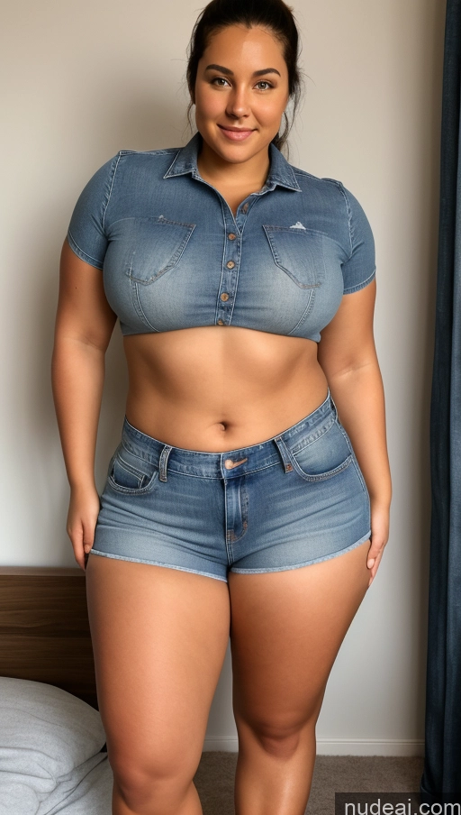 ai nude image of arafed woman in denim shorts and a denim shirt posing for a picture pics of Athlete Big Hips Big Ass Bedroom Jeans Short Shorts Front View