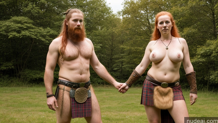 ai nude image of there are two men in kilts holding hands in a field pics of Perfect Boobs Pubic Hair Irish Kilt Hairy Women 30s Serious Ginger Painting Viking Traditional Woman + Man Partially Nude Medieval