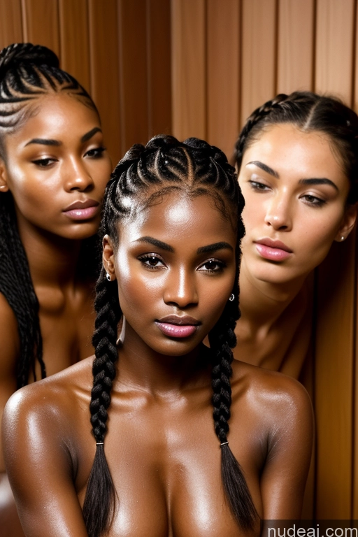 ai nude image of three women with braids posing for a picture in a room pics of Miss Universe Model One Perfect Boobs Perfect Body Dark Skin Oiled Body Thick Abs Beautiful 18 Pouting Lips Black Hair Braided Black Skin Detail (beta) Sauna Front View Spreading Legs Nude Detailed Bright Lighting