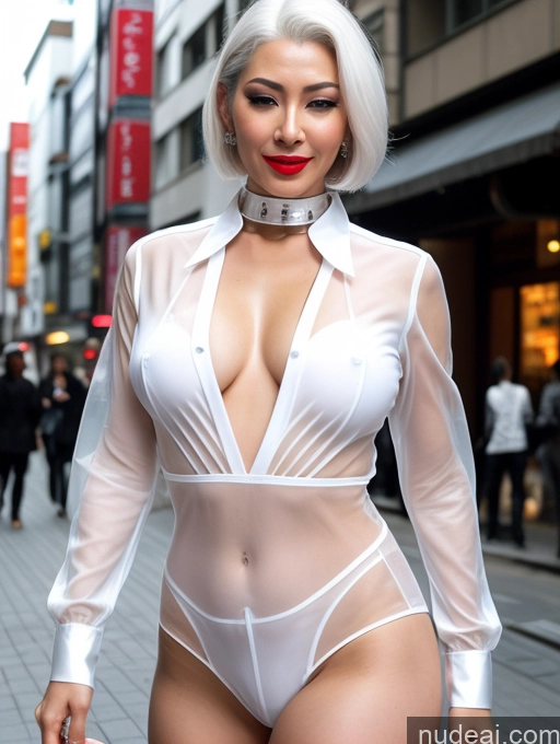 ai nude image of araffe dressed in a white bodysuit and choker walking down a street pics of Cyborg Lipstick 40s Orgasm Slicked White Hair Street Spreading Legs Japanese 3d Blouse Transparent