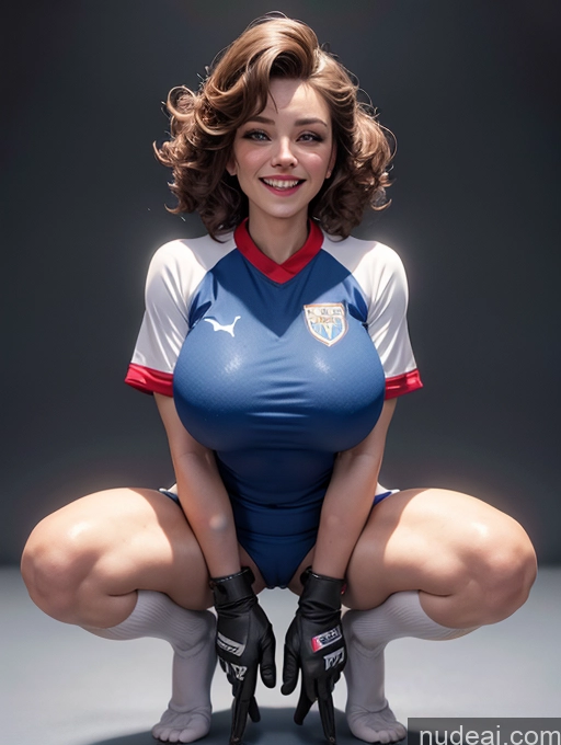 ai nude image of arafed woman in a blue and white uniform kneeling down pics of 3d Perfect Body Beautiful Happy Thigh Socks Nude 50s Laughing Busty Perfect Boobs Milf Curly Hair Pubic Hair Soccer Shirt Gloves Brunette Squatting