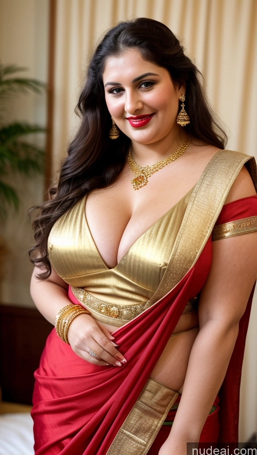 ai nude image of araffe woman in a sari posing for a picture pics of Milf Busty Beautiful Lipstick Thick Chubby Big Hips Fat Fairer Skin 20s Happy Seductive Brunette Long Hair Russian Party Front View Straddling Sari Blouse Dirndl Victorian Cleavage Gold Jewelry