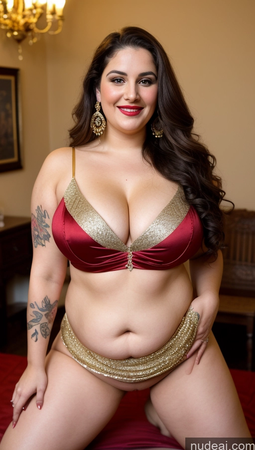 ai nude image of araffe woman in a red and gold bikini posing for a picture pics of Milf Busty Beautiful Lipstick Thick Chubby Big Hips Fat Fairer Skin 20s Happy Seductive Brunette Long Hair Russian Party Front View Straddling Sari Blouse Dirndl Victorian Cleavage Gold Jewelry Tattoos