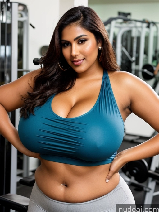 ai nude image of a woman in a blue top and grey pants posing for a picture pics of Miss Universe Model Busty Huge Boobs Perfect Boobs Big Ass Thick Chubby Fat Big Hips Long Legs Short Perfect Body Beautiful Sexy Face Indian Gym Close-up View Blouse Sari