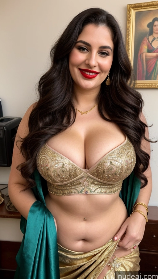 ai nude image of araffe woman in a gold and green sari posing for a picture pics of Milf Busty Beautiful Lipstick Thick Chubby Big Hips Fat Fairer Skin 20s Happy Seductive Brunette Long Hair Russian Party Front View Straddling Sari Blouse Dirndl Victorian Cleavage Gold Jewelry Tattoos