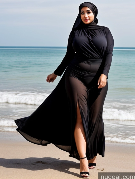 ai nude image of woman in black dress walking on beach near ocean with blue sky pics of One Chubby Sexy Face Black Hair Indonesian Transparent Big Hips Front View High Heels Messy Beach Blouse Huge Boobs Woman Big Ass 50s Long Skirt Niqab