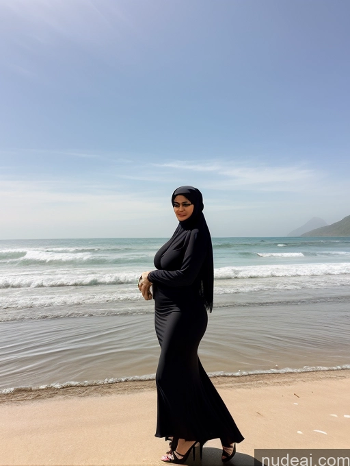 ai nude image of pregnant woman in black dress standing on beach near ocean with blue sky pics of One Chubby Sexy Face Black Hair Indonesian Transparent Big Hips Front View High Heels Messy Beach Blouse Huge Boobs Woman Big Ass 50s Long Skirt Niqab Partially Nude