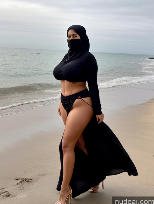 ai nude image of araffe woman in a black dress and hijab on the beach pics of One Chubby Sexy Face Black Hair Indonesian Transparent Big Hips Front View High Heels Messy Beach Blouse Huge Boobs Woman Big Ass 50s Long Skirt Niqab Partially Nude