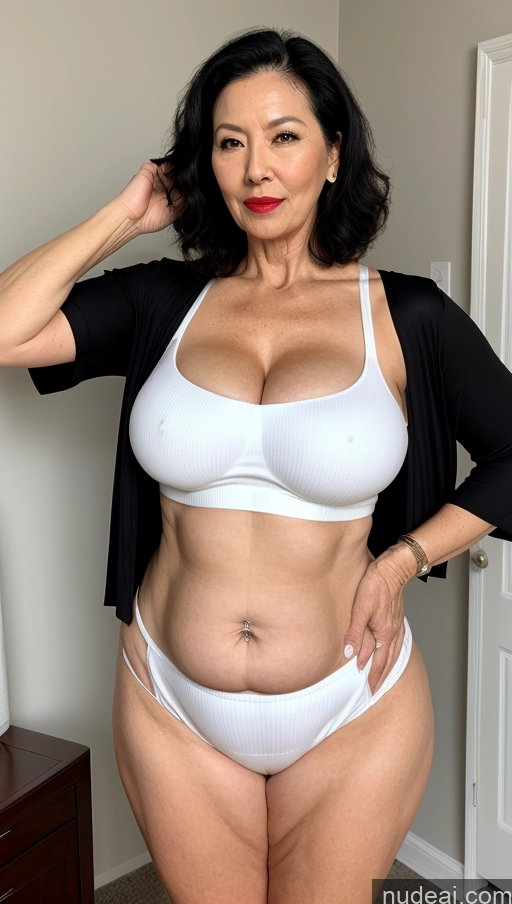 ai nude image of arafed woman in a white bikini and black cardigan posing for a picture pics of Milf One Busty Big Ass Big Hips Pubic Hair Fairer Skin Lipstick 60s Asian Black Hair Crop Top