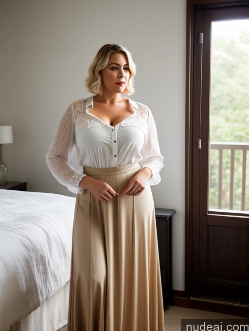 ai nude image of there is a woman standing in a bedroom with a bed and a window pics of 60s Czech Chubby Serious Orgasm Blonde Pixie Bedroom Blouse Shirt Cleavage Long Skirt Simple