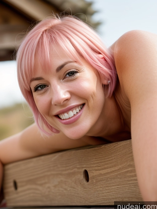 ai nude image of smiling woman with pink hair leaning on a wooden bench pics of Woman Perfect Boobs 30s Happy Pink Hair Bobcut German Nude Pubic Hair Plank Close-up View