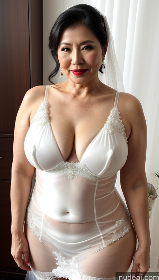 ai nude image of araffe woman in a white lingerie posing for a picture pics of Milf One Busty Big Ass Big Hips Pubic Hair Fairer Skin Lipstick 60s Asian Black Hair Transparent Wedding